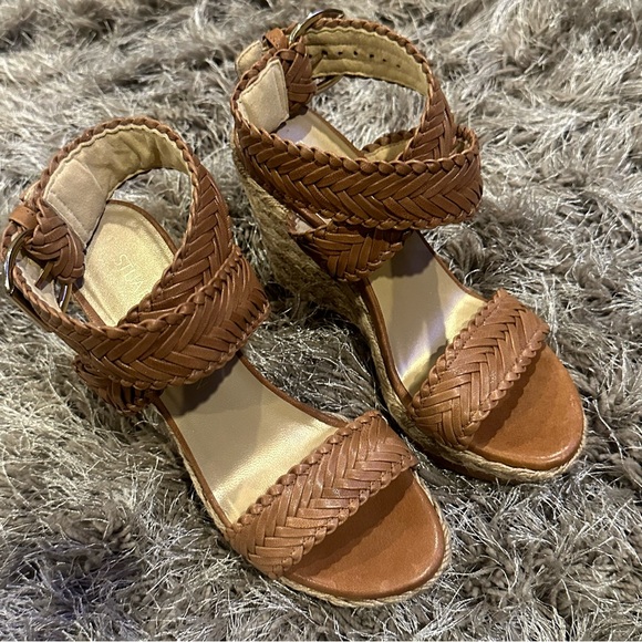 Stuart Weitzman Elixir Tan Leather Braided Wedges - Picture 7 of 14